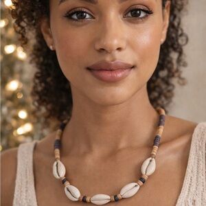 Brown and Cream Clam Shell Beaded Necklace Bohemian Jewelry